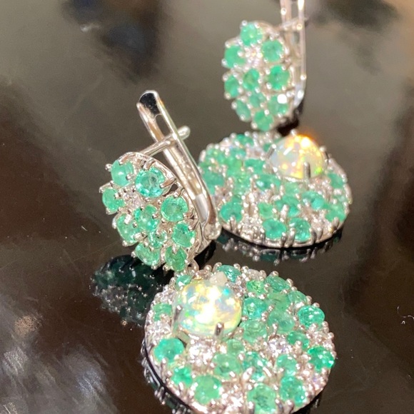 Fascinating Genuine Emerald Fire Opal Earrings - Picture 9 of 17